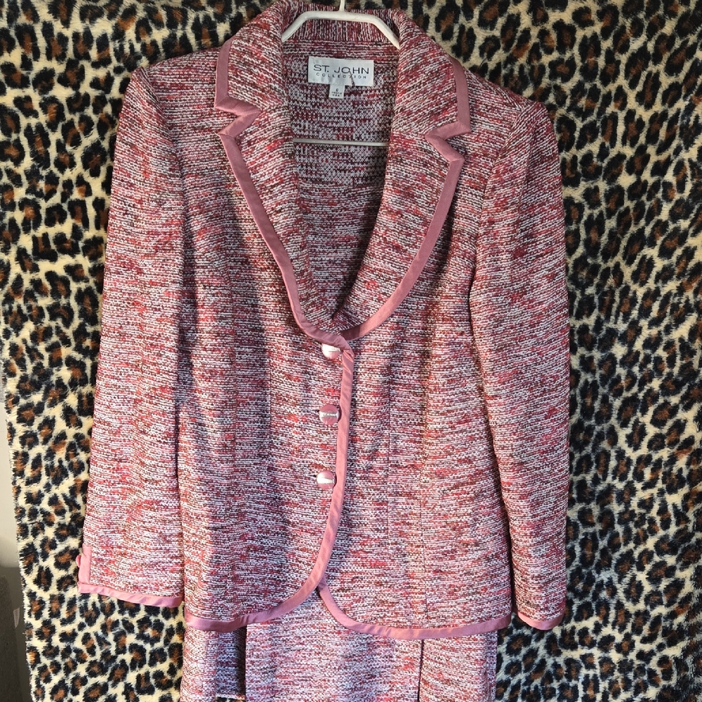 St. John Pink Multi-Thread Tweed Blazer and Skirt